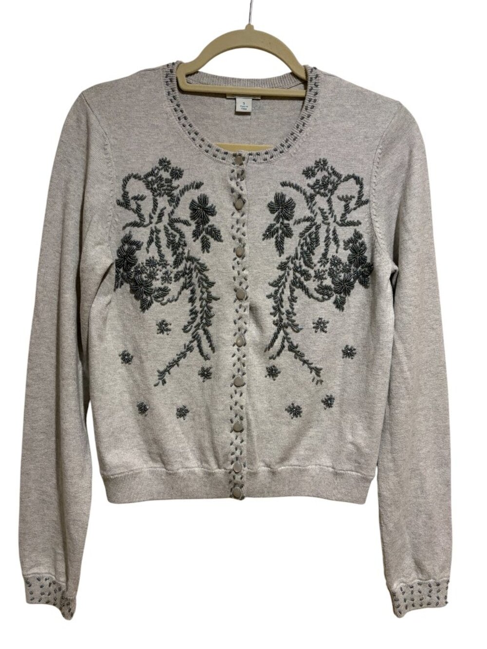Sundance Floral Beaded Button Front Cardigan Long Sleeve Crew Neck Gray